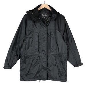 EDDUE BAUER GoreTex Jacket Women's Small S Black Parka Hooded Windbreaker EUC‎